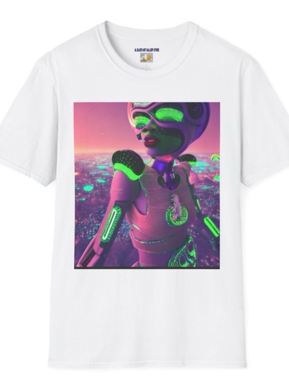 Al Blue designed,White Tee with Neon Pink & Green Futuristic Robot Graphic